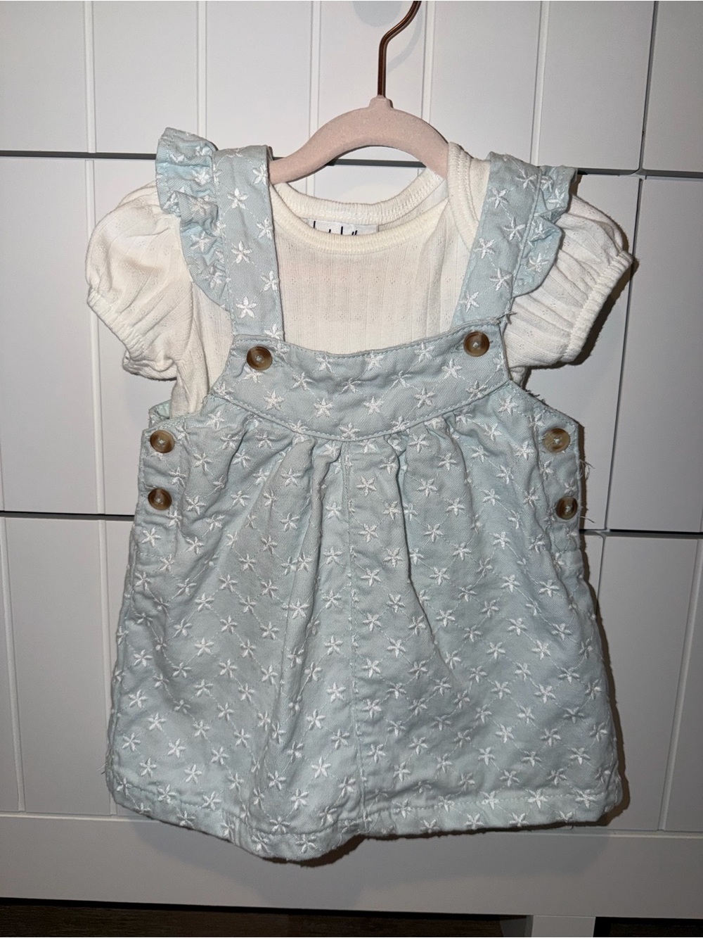 Light Blue Embroidered Pinafore Dress with White Top